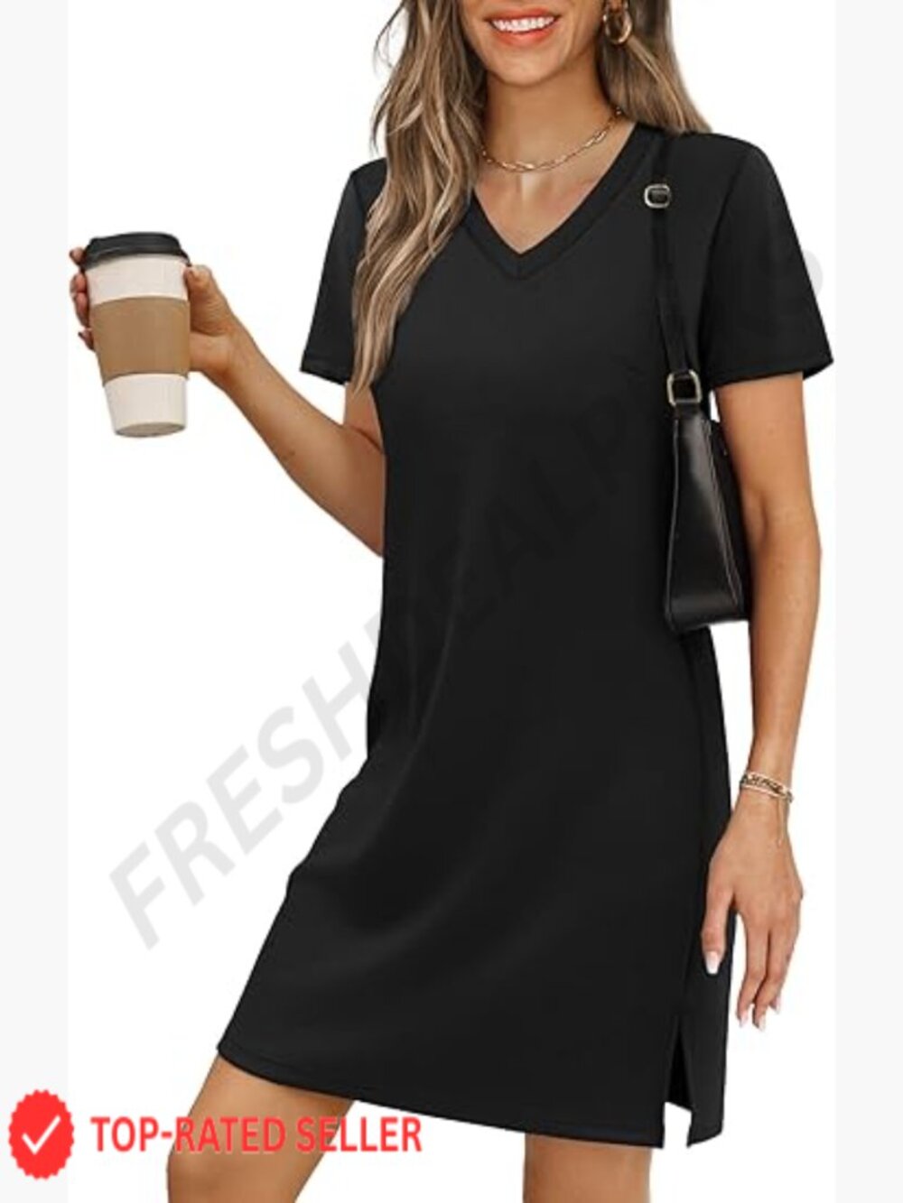 Casual V-Neck Sundress Flowy A-Line Midi Beach Vacation T-Shirt Dress